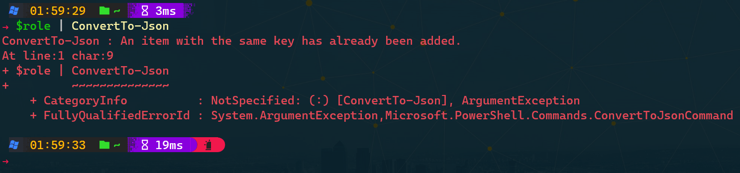 PowerShell terminal showing a duplicate key error when using ConvertTo-Json