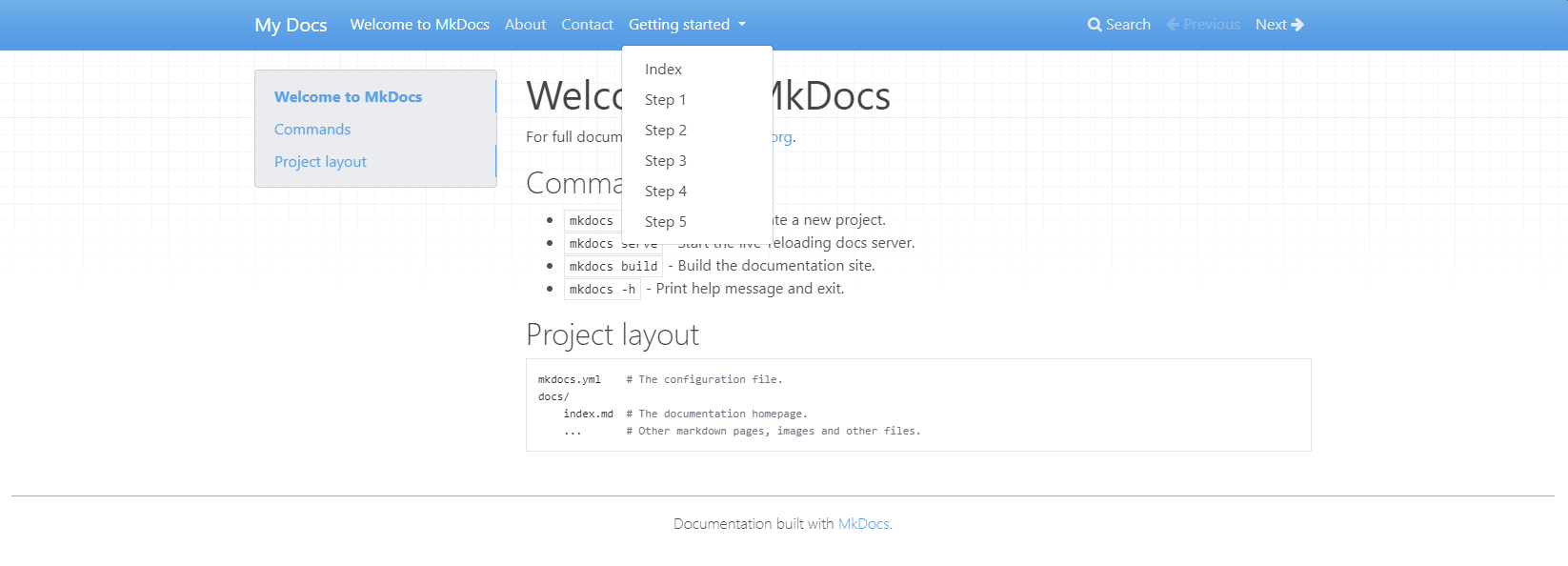 Screenshot of MkDocs site with generated pages