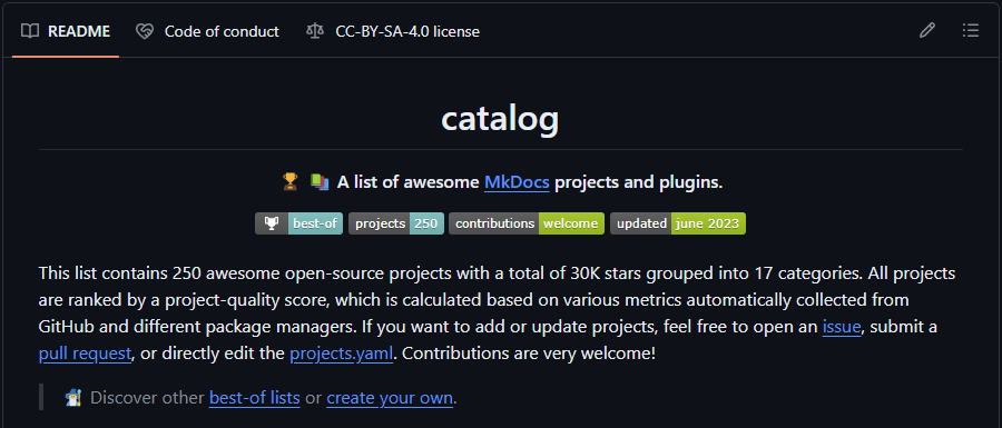 Screenshot of MkDocs catalog repo