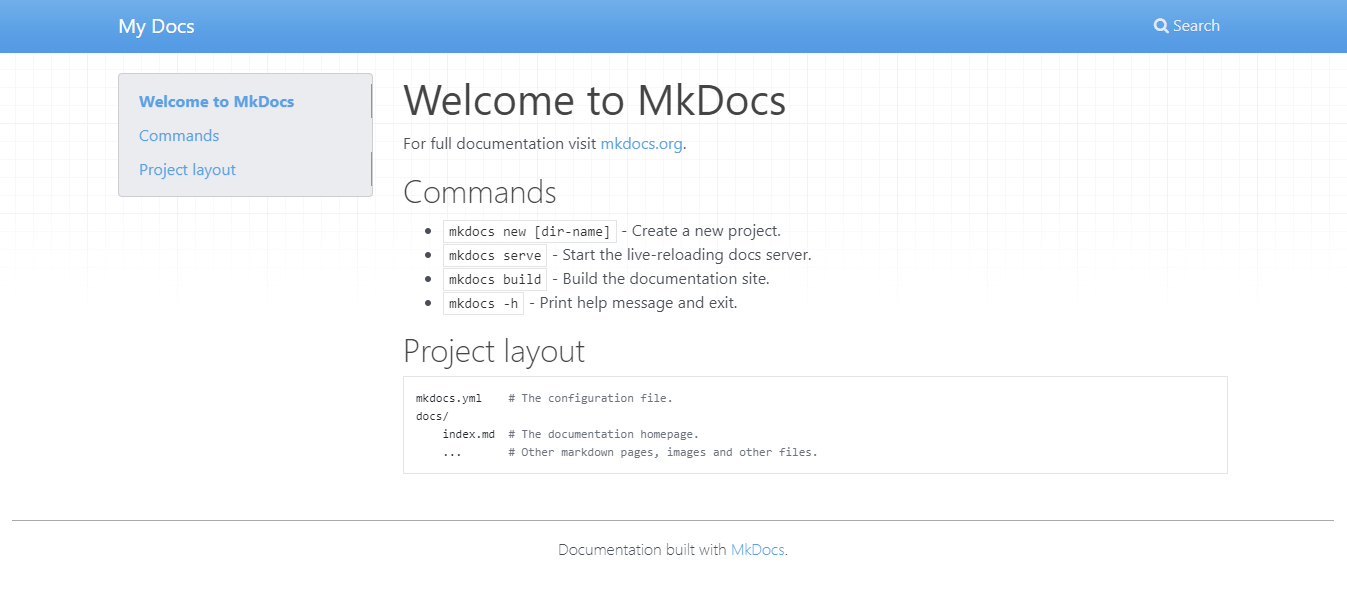 Screenshot of new mkdocs project hierarchy